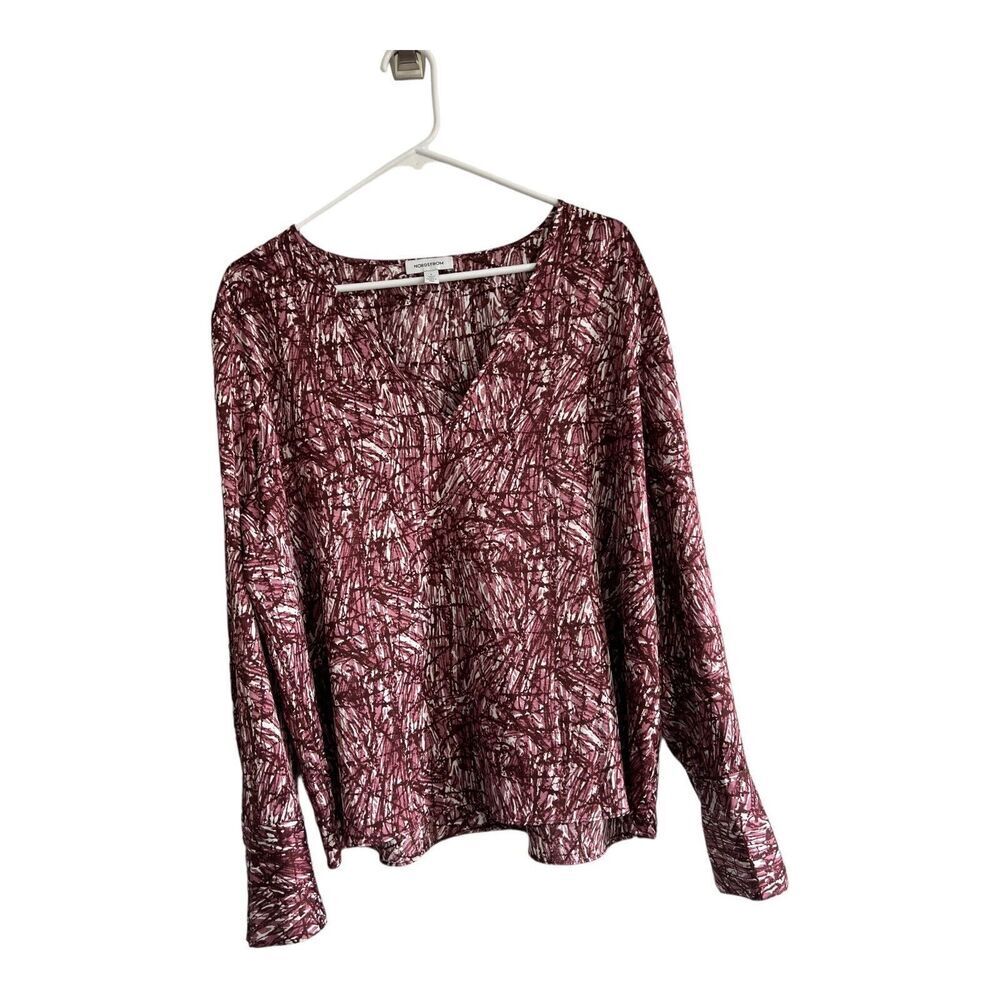 Nordstrom Top Womens Large Purple Satin Long Sleeve Funky‎ Retro Abstract